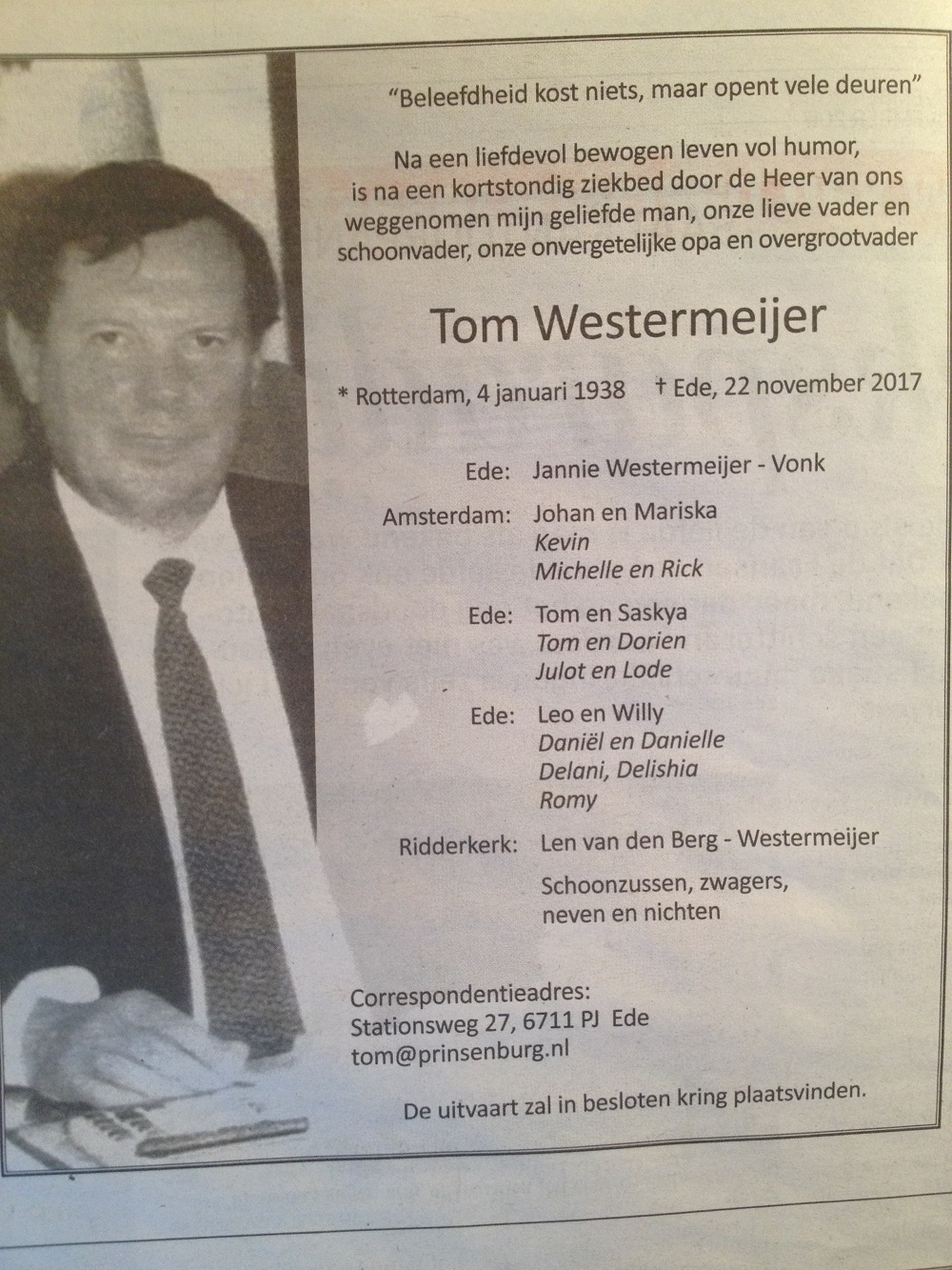 Tom Westermeijer death announcement