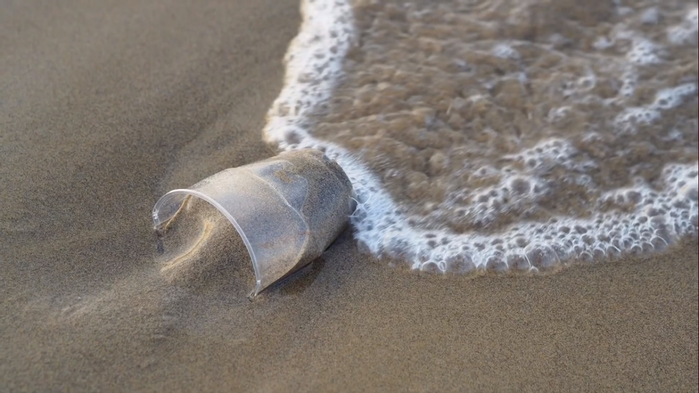 Plastic cup in the sand